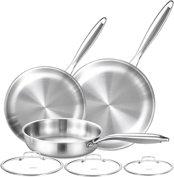 DELARLO Tri-ply Stainless Steel Kitchen Cookware Frying Pan Set with Lid 8" 10" 12" Induction large Skillets Chefs Pan,Pots and Pans Set Kitchen Cookware Set Suitable for All Stove
