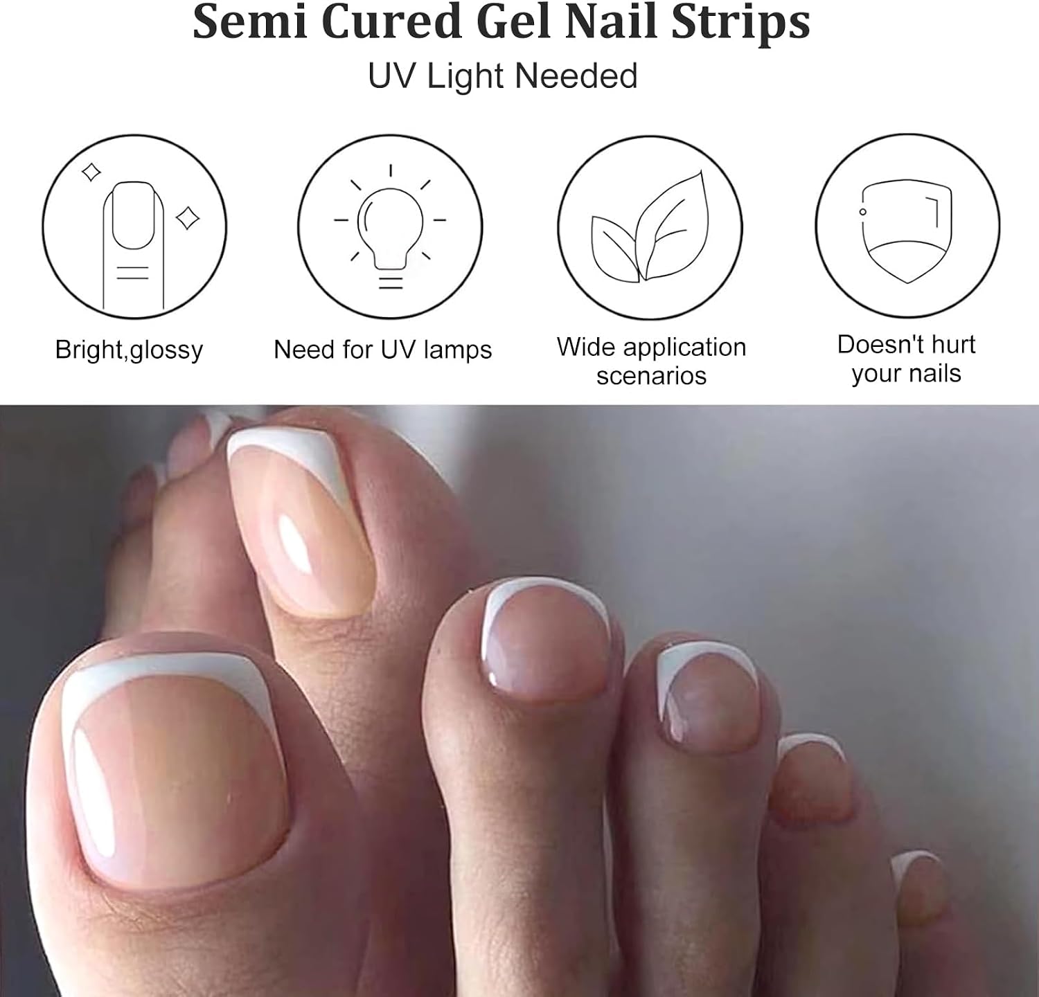 26 Pcs French Semi Cured Gel Toe Nail Strips White French Tip Gel Nail Stickers Full Cover Nails Wraps Nude Toe Nails Polish Strips Stickers for Women UV/LED Light Required
