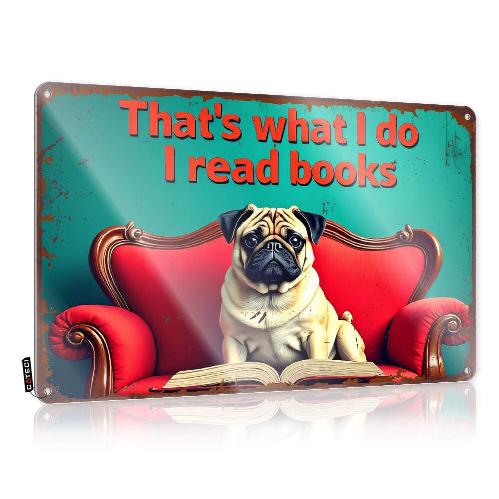 Sujd Colour Decor Country Tinsign Warning A Pug Reads A Book On A Red Couch. - Vintage Wall Decor For Outhouse(30X40cm)