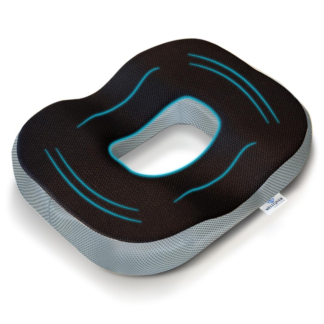 WELLGIVER Orthopaedic Foam Donut Pro Ring Pillow Coccyx Seat Cushion Piles Haemorrhoid Tailbone Back Pain Fistula Prostate Post Natal Pain Relief | 18 x 14 x 3 Inch | Dual Top Mesh Cover