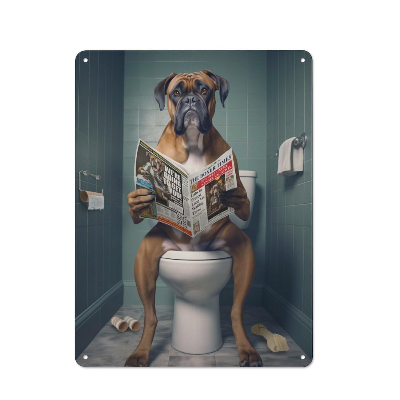 Junmoney Boxer Dog On The Toilet Retro Tin Sign 40X30cm For Pub Or Café, For Collectors Building A Themed Wall Display