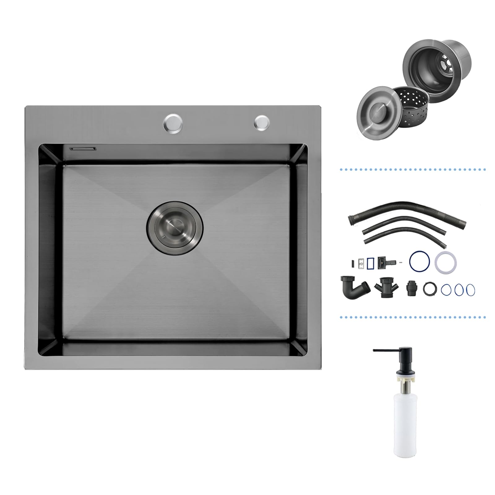iAnomla Black Small Kitchen Sink, Stainless Steel Kitchen Sink 50 x 45 cm, Drop in Topmount Single Bowl with 2 Tap Holes, Basket Strainer Waste and Overflow Kit, Soap Dispenser, 1 Bowl, Rectangular