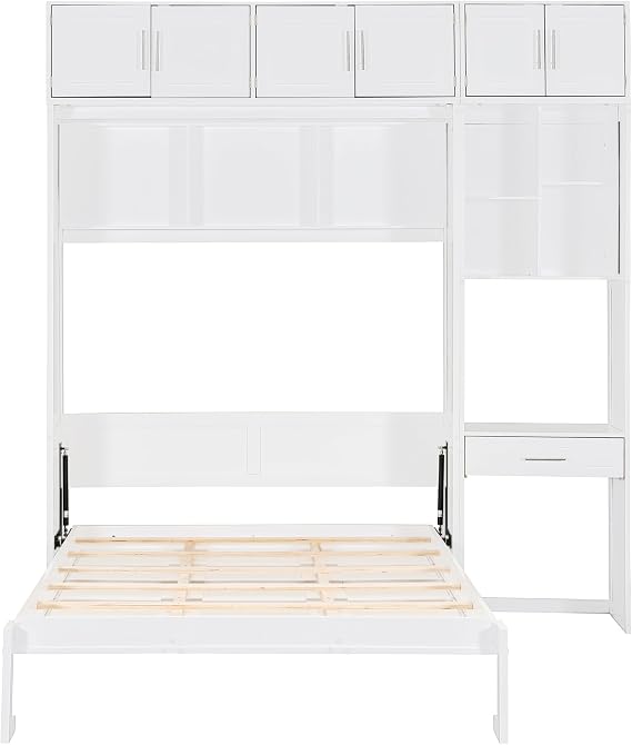 Full Size Wall Murphy Cabinet Bed with Storage Shelves and Bookcase,Desk, Drawer, Foldable Hidden Horizontal Bed, Top Cabinet with Doors and Handles, Space Saving, White