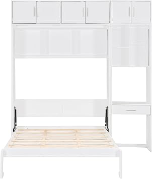 Full Size Wall Murphy Cabinet Bed with Storage Shelves and Bookcase,Desk, Drawer, Foldable Hidden Horizontal Bed, Top Cabinet with Doors and Handles, Space Saving, White