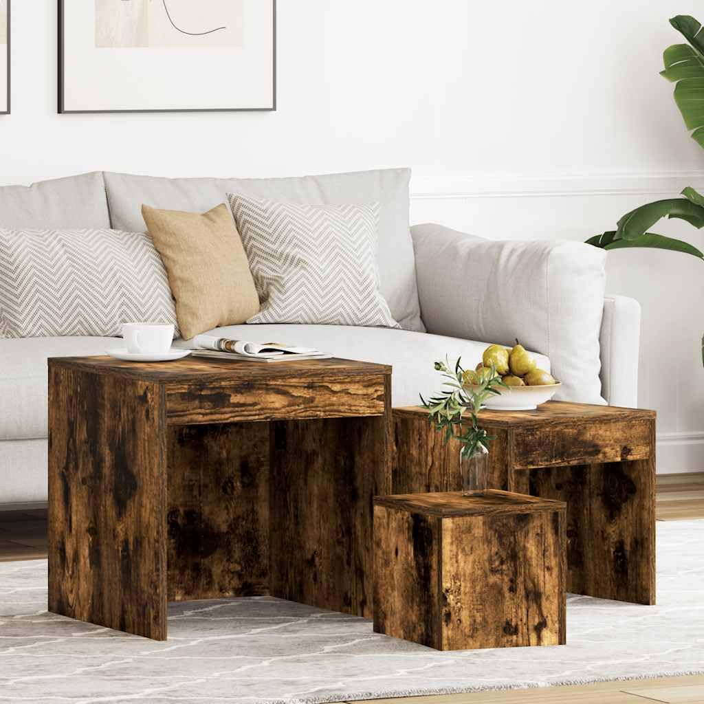 SXZenSpace Nesting Tables 3 Pieces Smoked Oak Engineered Wood Set 45 x cm Large Space-saving Occasional Side for Living Room Bedroom and Hallway