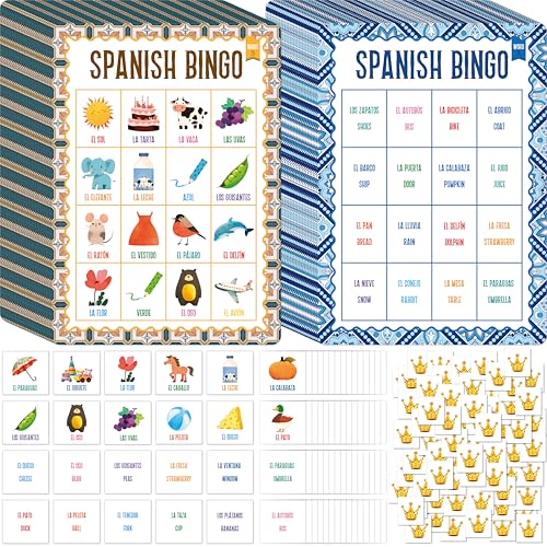 SpriteGru Spanish Bingo Game 25 Boards for Spanish Vocabulary Bilingual Word Bingo Game Educational Toys for Language Learning - Ages 5 and up (Up to 25 Players)