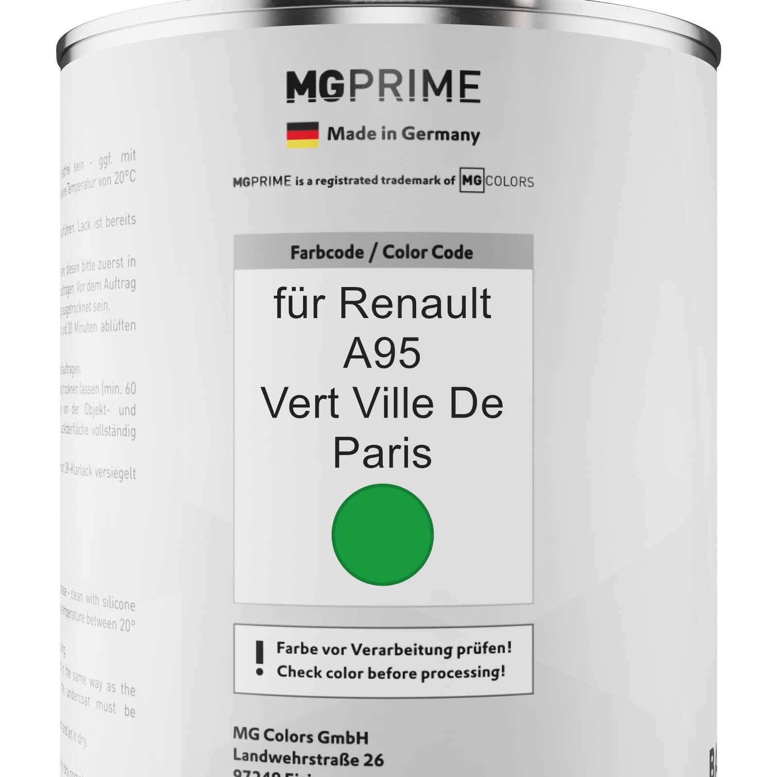 MG PRIME Lakier samochodowy Zestaw puszek dla Renault A95 Vert Ville De Paris Lakier bazowy 2K Utwardzacz do lakieru bezbarwnego gotowy do natrysku 2,5L