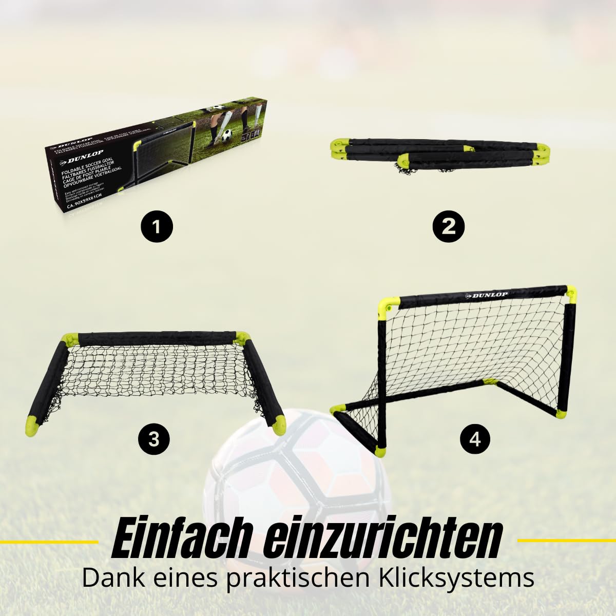 Dunlop Fußballtore Set von 2 – Football Goal 90 × 59 × 61 cm – Faltbare Fußballtore – Leicht zu Verstauen – Trainingsziel für Kinder und Erwachsene – Kunststoff – Schwarz/Gelb