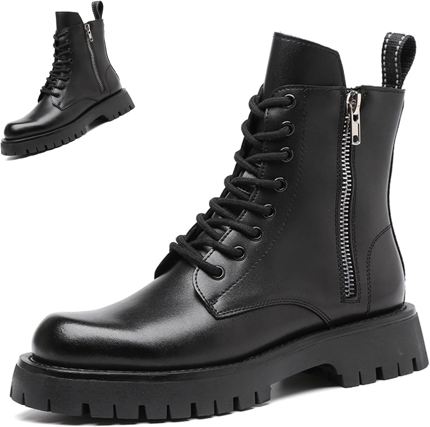 Men's Black Leather Platform Lace-up Combat Boots with Side Zipper Retro Round Toe Side Zip Chunky Heel Non-Slip Lug Sole High Top Waterproof Motorcycle Boots for Outdoor Work Riding