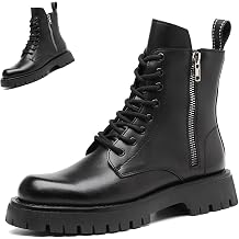Men's Black Leather Platform Lace-up Combat Boots with Side Zipper Retro Round Toe Side Zip Chunky Heel Non-Slip Lug Sole High Top Waterproof Motorcycle Boots for Outdoor Work Riding