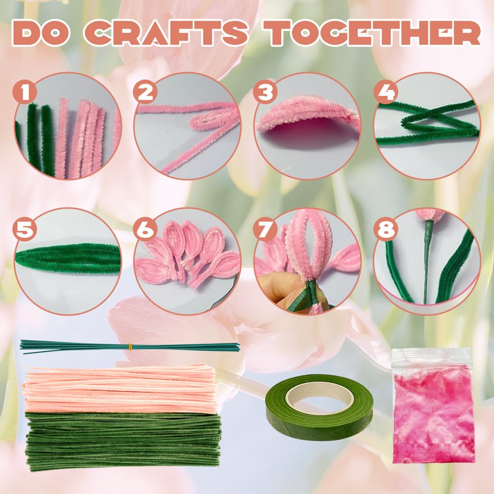 Larfraecy 150Pcs Pipe Cleaners for Craft Flowers-DIY Tulip Bouquet Kit with Floral Wire,Tape,Ribbon,Pastel,Wrapping Paper,Chenille Stem Pipecleaner for Kids&Adult,Making 15 Champagne Pink Flowers Set - Image 3