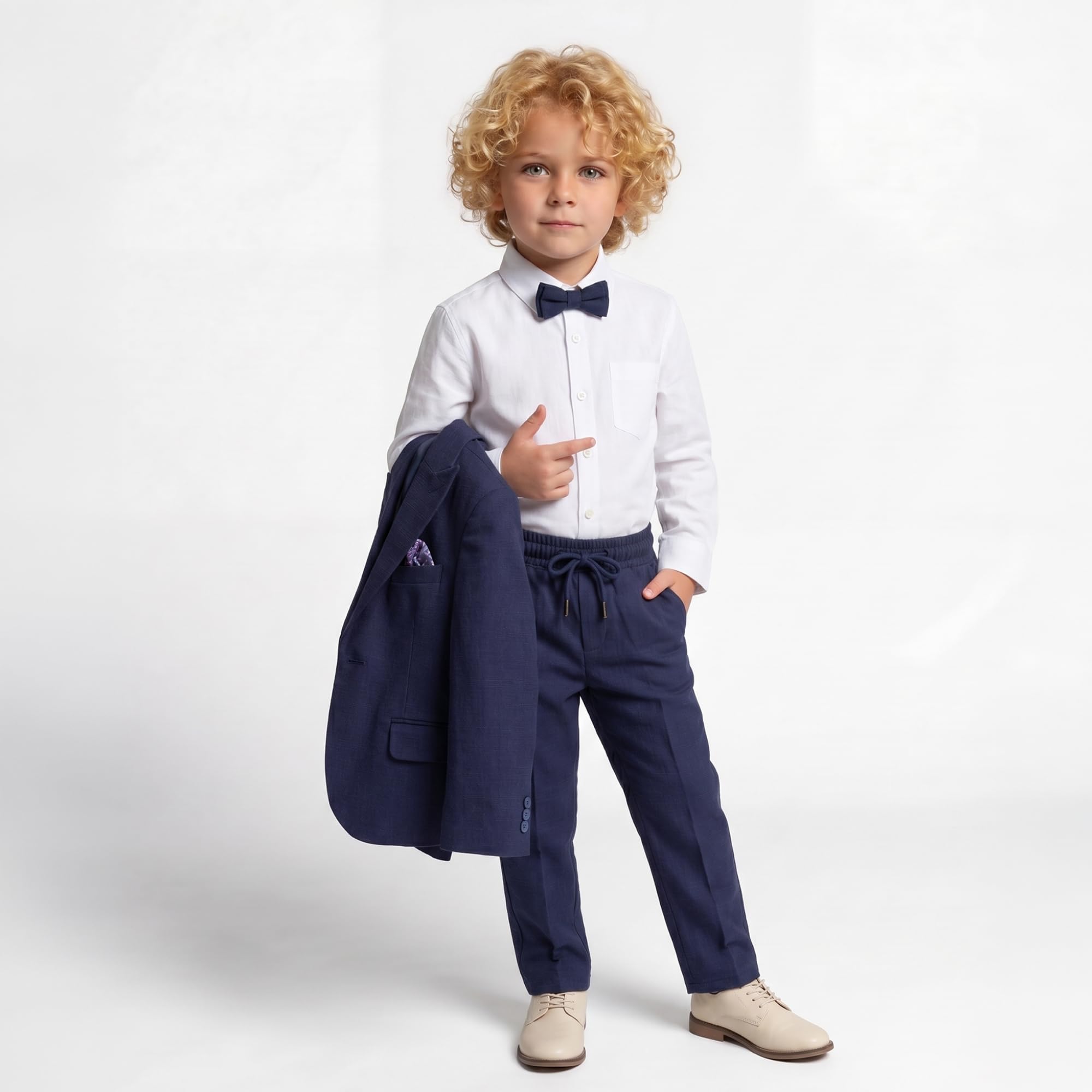 Traje para niños | Conjunto de 4 piezas de tela de licra flexible y cómodo 100% algodón, camisa, pantalones, chaqueta y pajarita | con elastano para fiesta y ropa formal para niños