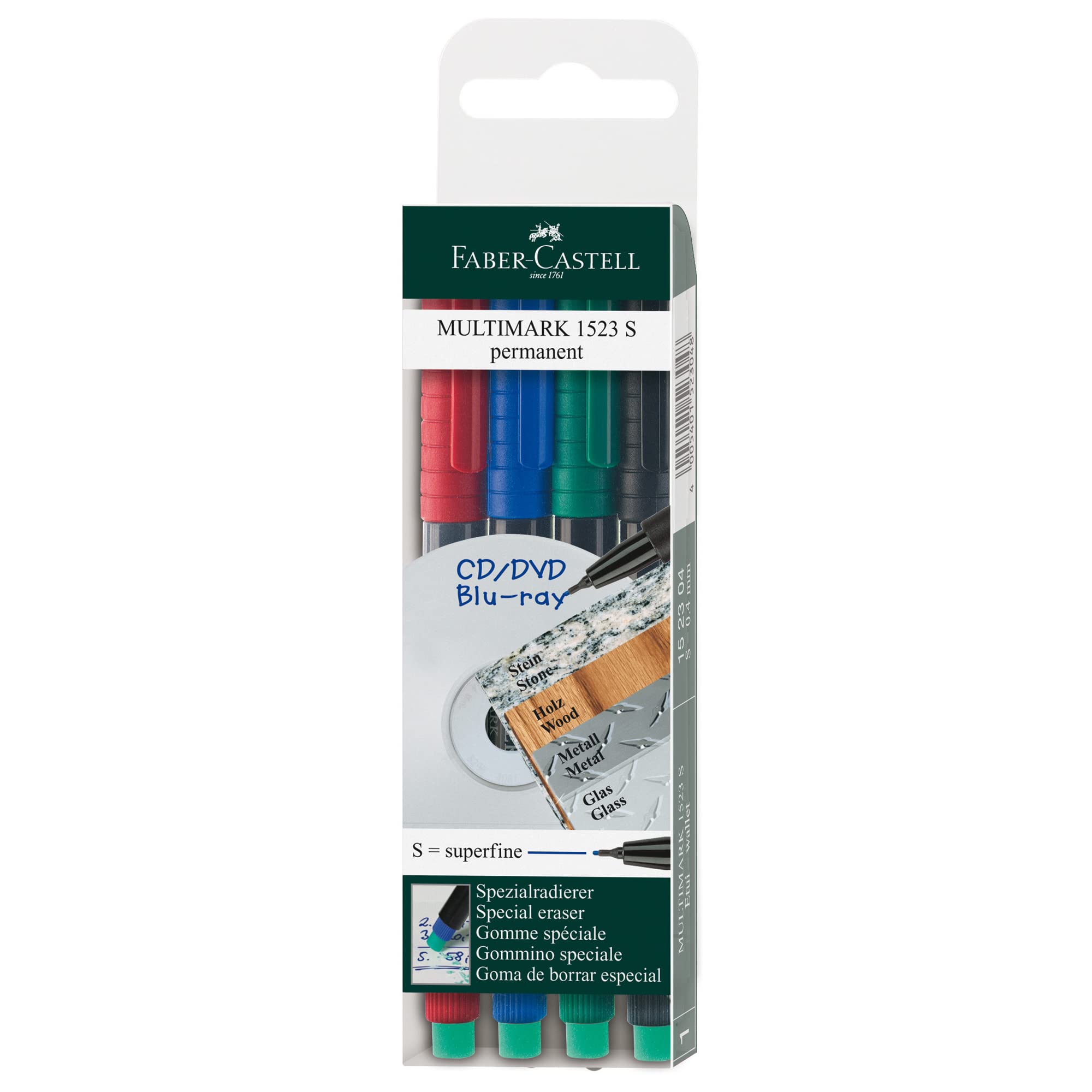 FABER-CASTELL Oh Pen Multimark, S, Permanent, 0.4 mm, Ink Colour: 4 Assorted (Pack of 4), You will receive 1 x Case of 4aa