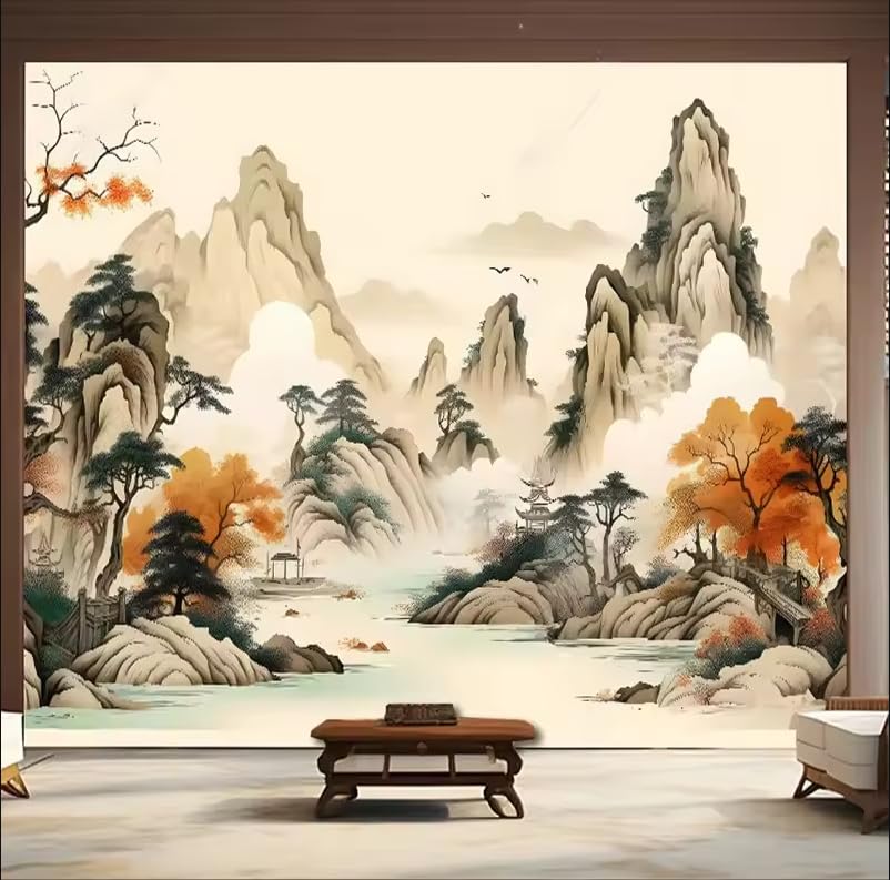 Papier peint 3D paysage d'encre pour un salon design et relaxant