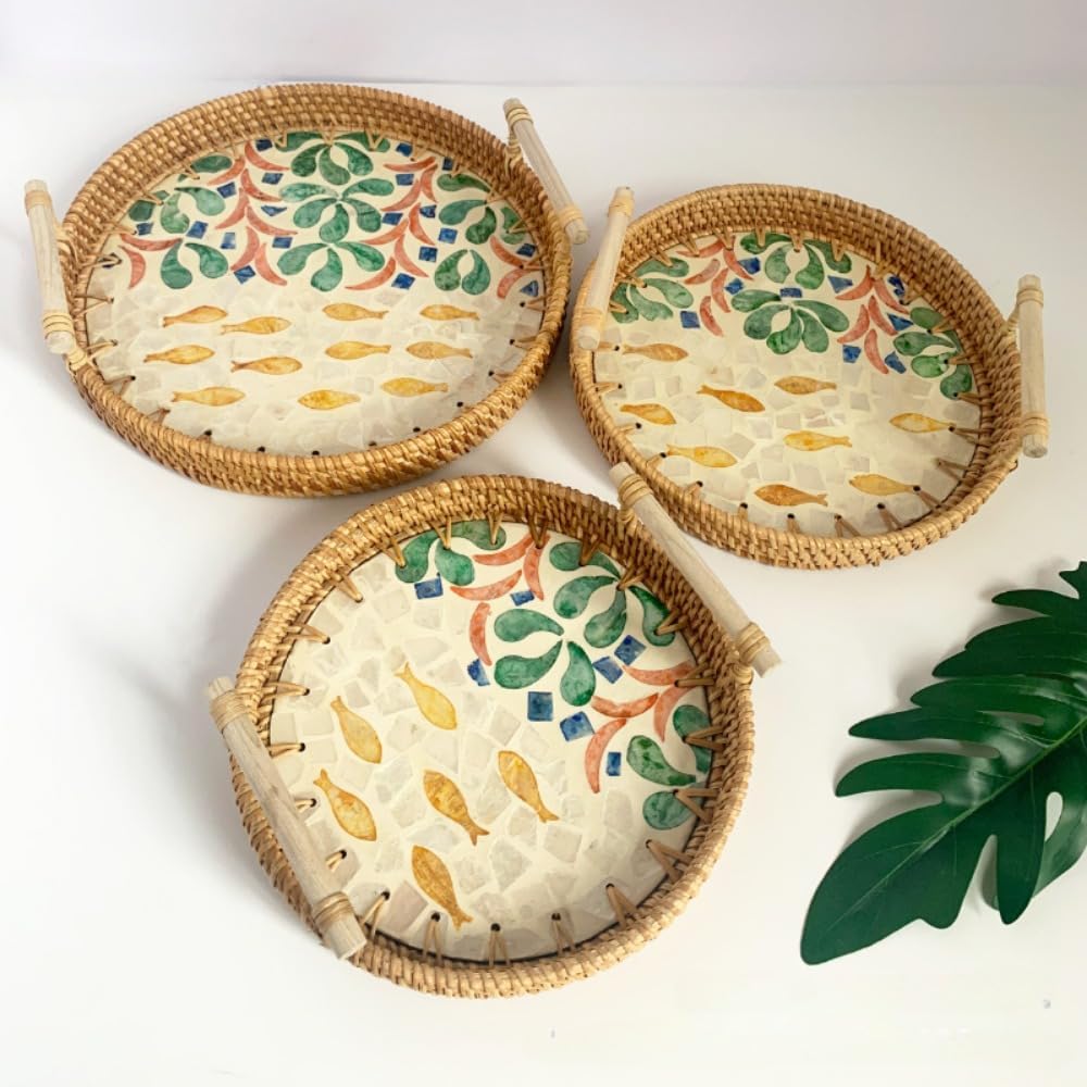 Hand-woven Rattan Storage Basket with Handles Wicker Round Organizer Serving Tray Picnic Basket Flat Bread Food Fruit Cake Sundries Box Kitchen Decoration (F,3pc/set)