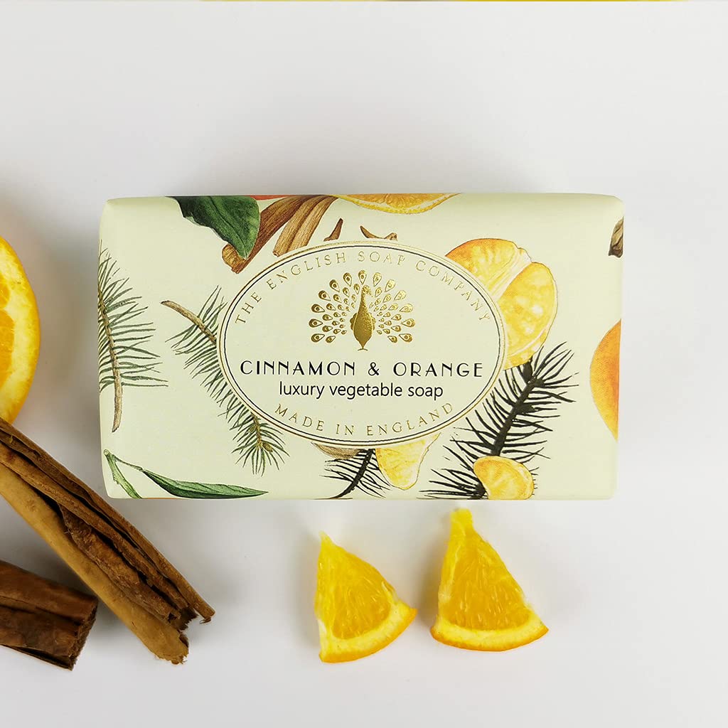 The English Soap Company Vintage Cinnamon and Orange Soap Bar - Luxury Shea Butter Soap with Warm Spiced Citrus Fragrance - Moisturising, Vegan, Plastic-Free, Sustainable & Gift Ready - 190g