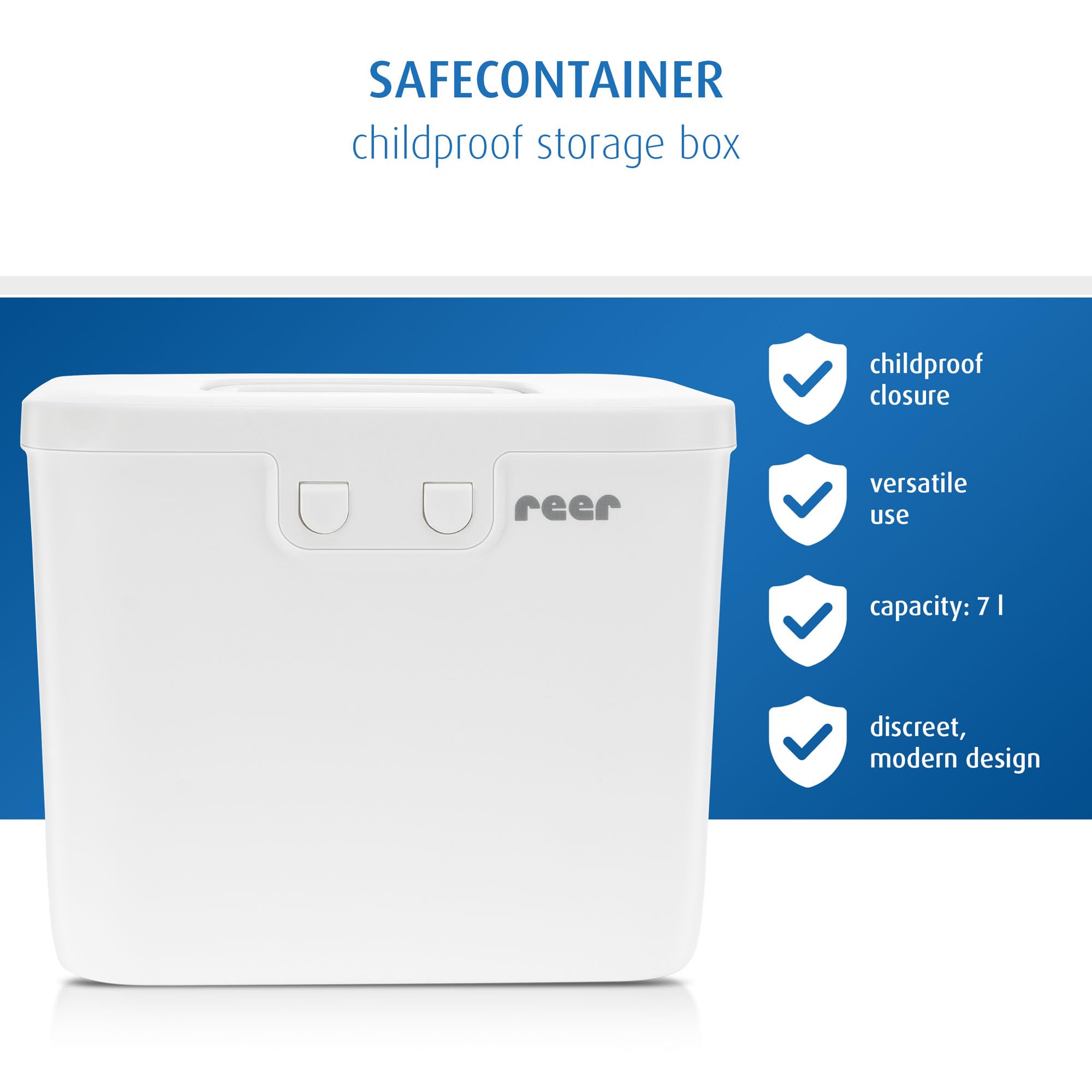 Reer SafeContainer Scatola portaoggetti protezione piccole parti pericolose chiusura sicura bambini antiscivolo