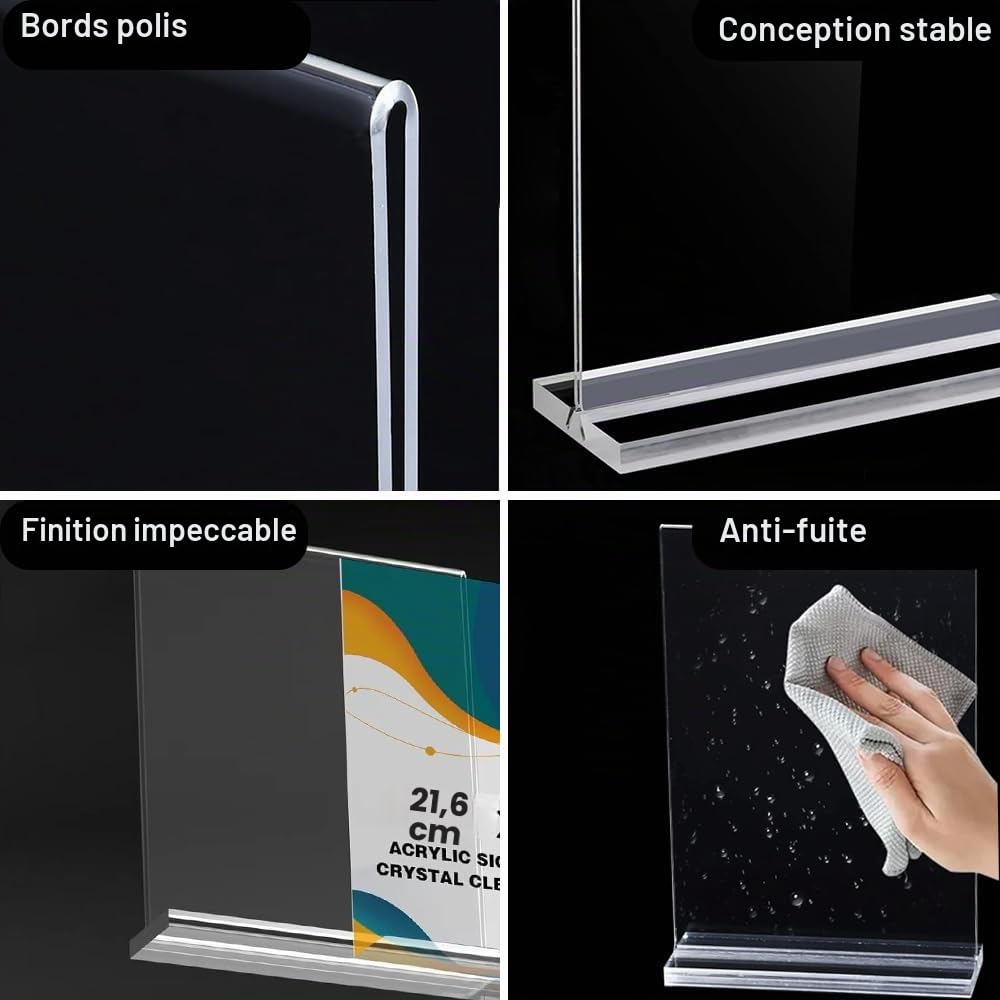 4 Pièces Présentoir de Table A4 en Acrylique,Porte-affiche pour menu de restaurant,Cadre A4 de Bureau pour Photos, Documents et Revues, Porte-Brochure Transparent pour Flyers, Buffet (forme T)