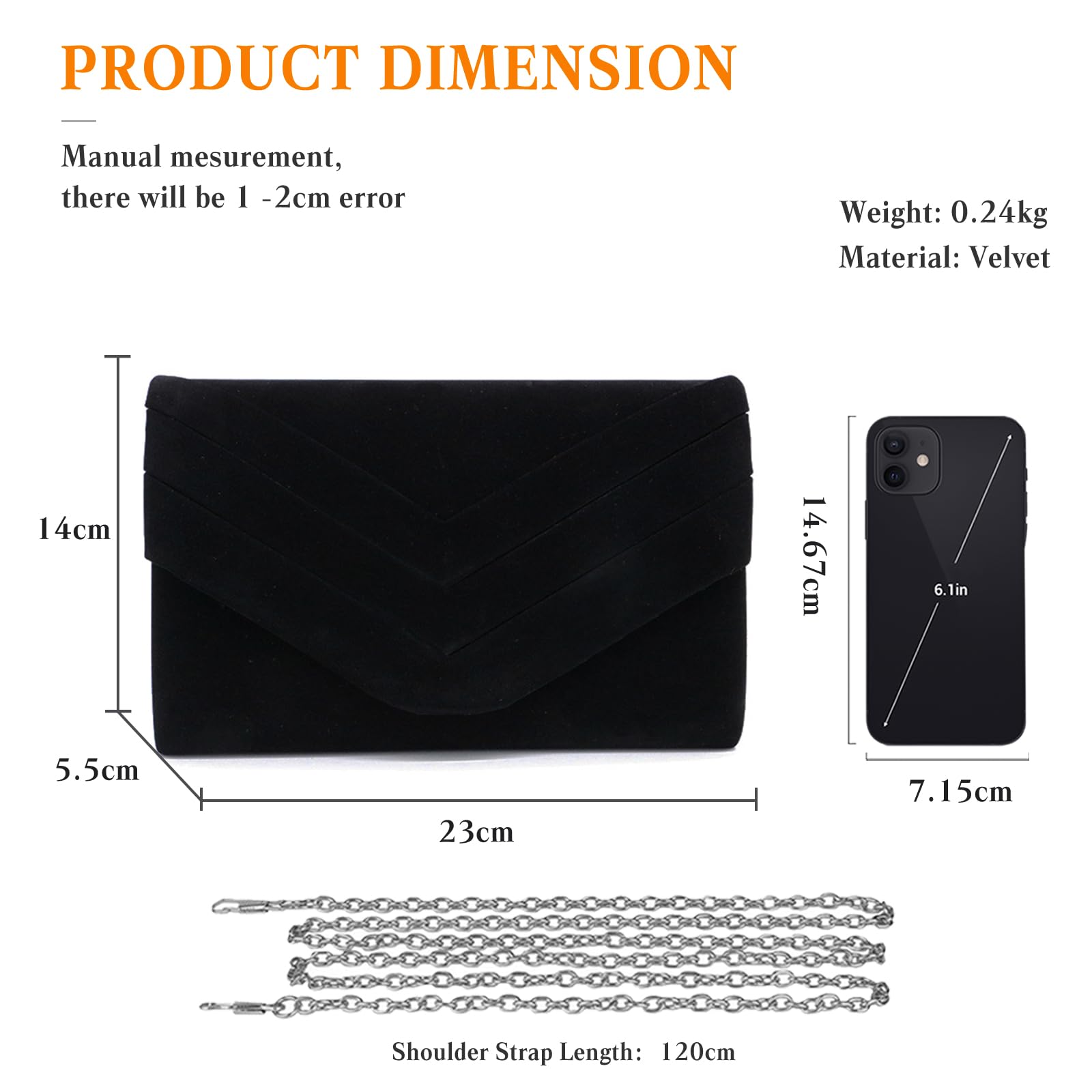 CORIOS Borsetta da Sera da Donna Velluto Clutch Pochette Piccolo con Catena Borsa Sposa Elegante Borsa a Tracolla Retro Borsa a Spalla Borse Messenger per Cocktail Festa Cerimonia Ballo Nero