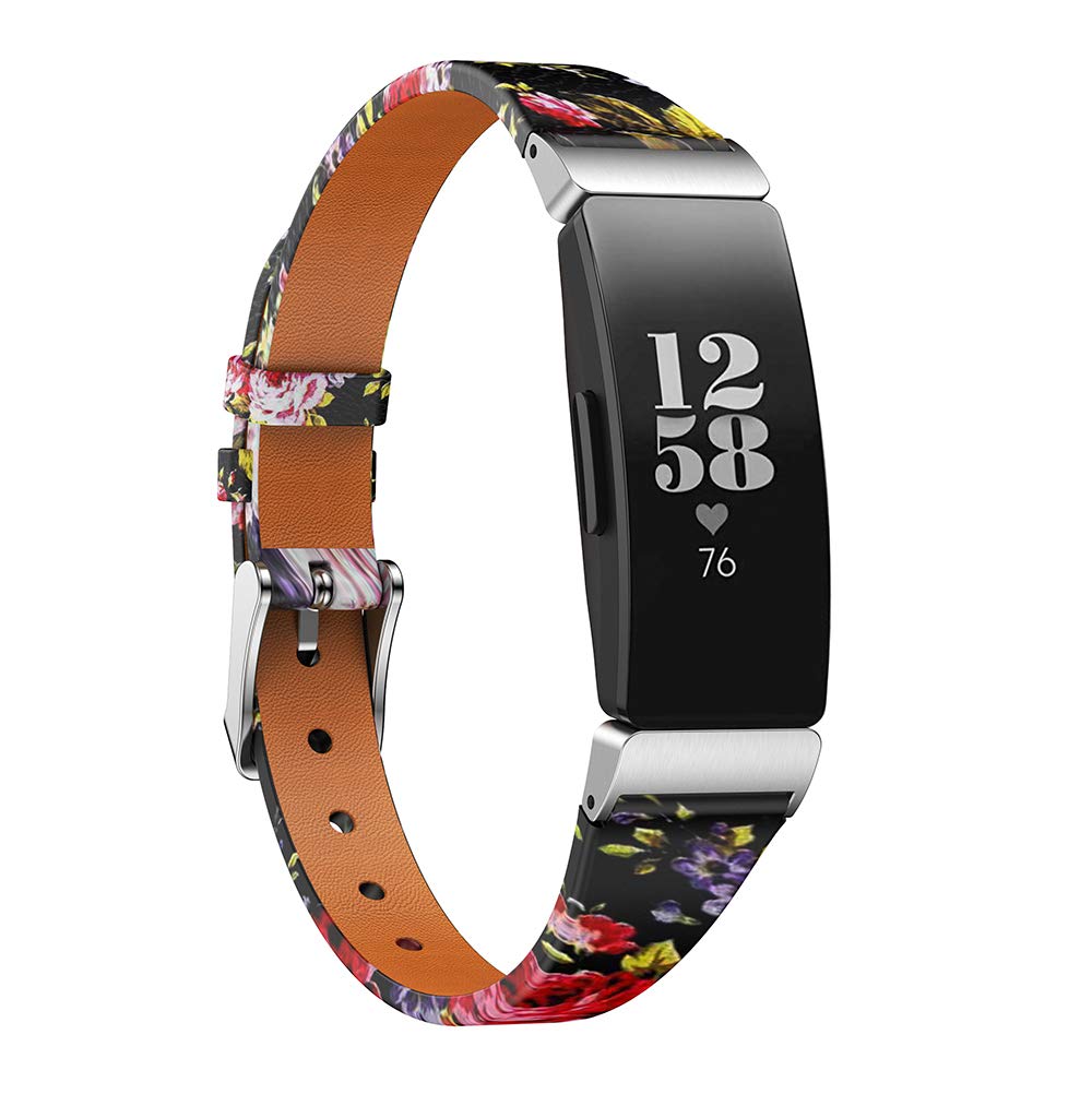 TenCloud Straps Compatible with Fitbit Inspire 2 Strap, Super Soft Slim Leather Replacement Wrist Band Printed Floral Bracelet for Inspire 2/Inspire/Inspire HR Fitness Tracker (Pink)