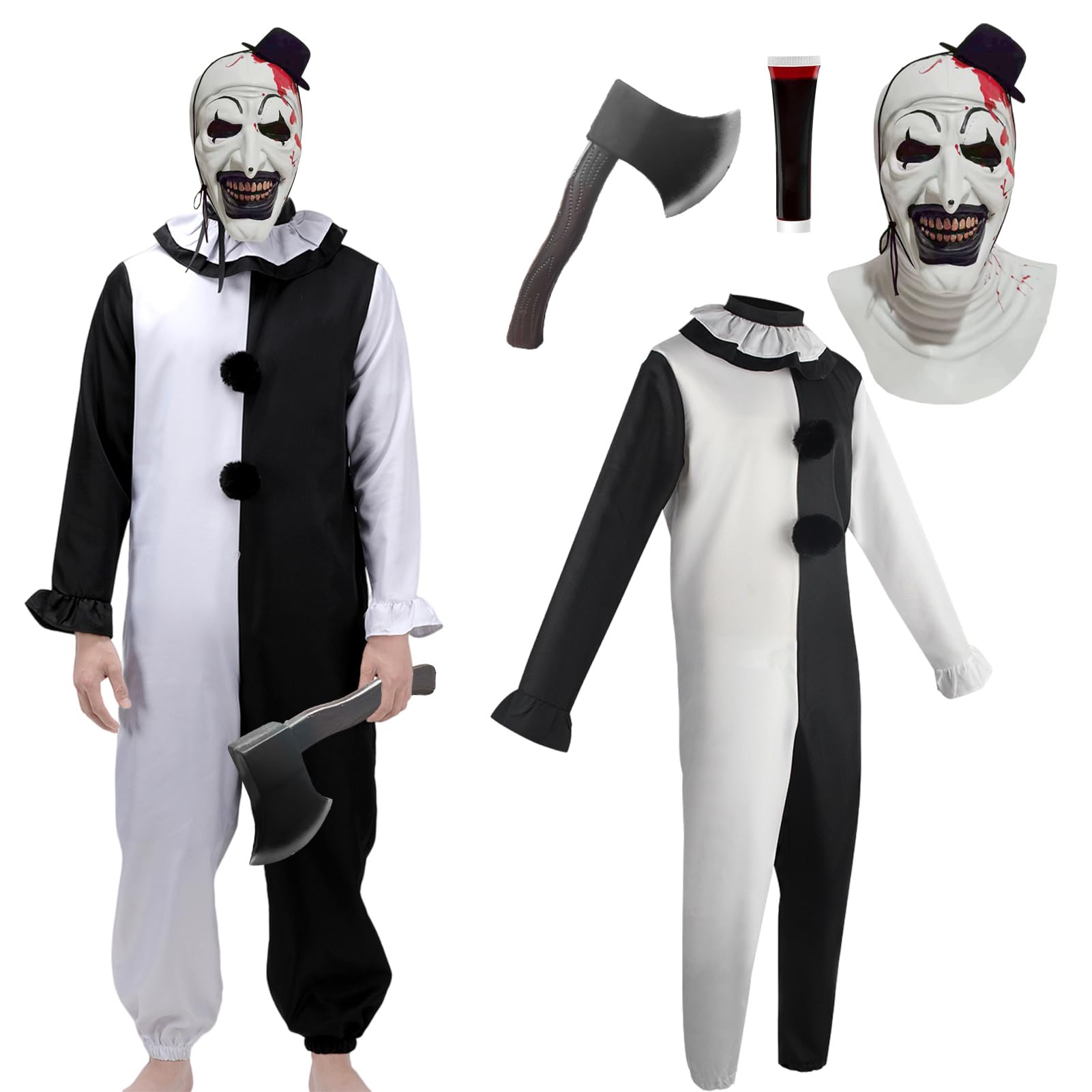 Antsparty Terrifier Costume for Adult Men, Halloween Art The Clown Costume with Mask and Props, Scary Terrifier Jumpsuit Outfits for Halloween Cosplay