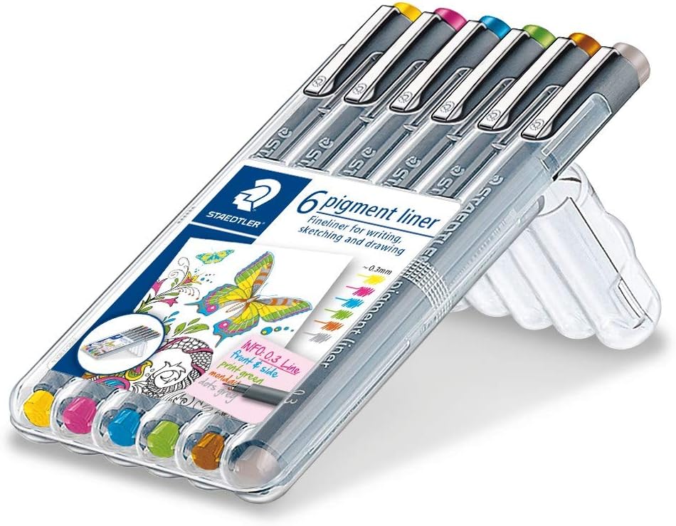 STAEDTLER 30803S2SB6 Pigment Liner Pens - Assorted Colours, 0.3 mm (Set of 6)