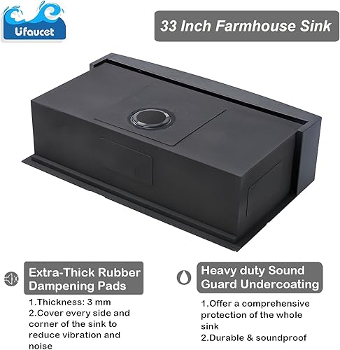 Miniatura 4 de Fregadero de cocina de granja negro de 33 pulgadas, 33 x 20 pulgadas, acero inoxidable negro plomizo, montaje inferior, calibre 16, delantal