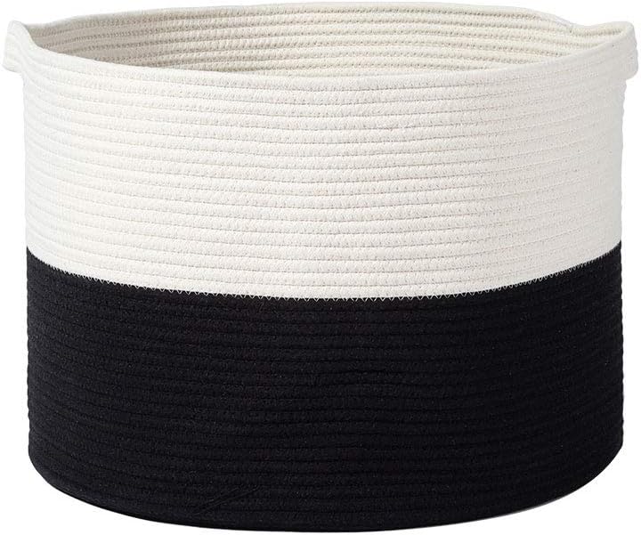 Large Woven laundry Hamper, Cotton Rope Floor Basket Color Matching Laundry Hamper Nursery Storage Bin with Handles for Blankets Comforter Cushions Clothes Toys, 20 x 20 x 13.8 inches, Black & White