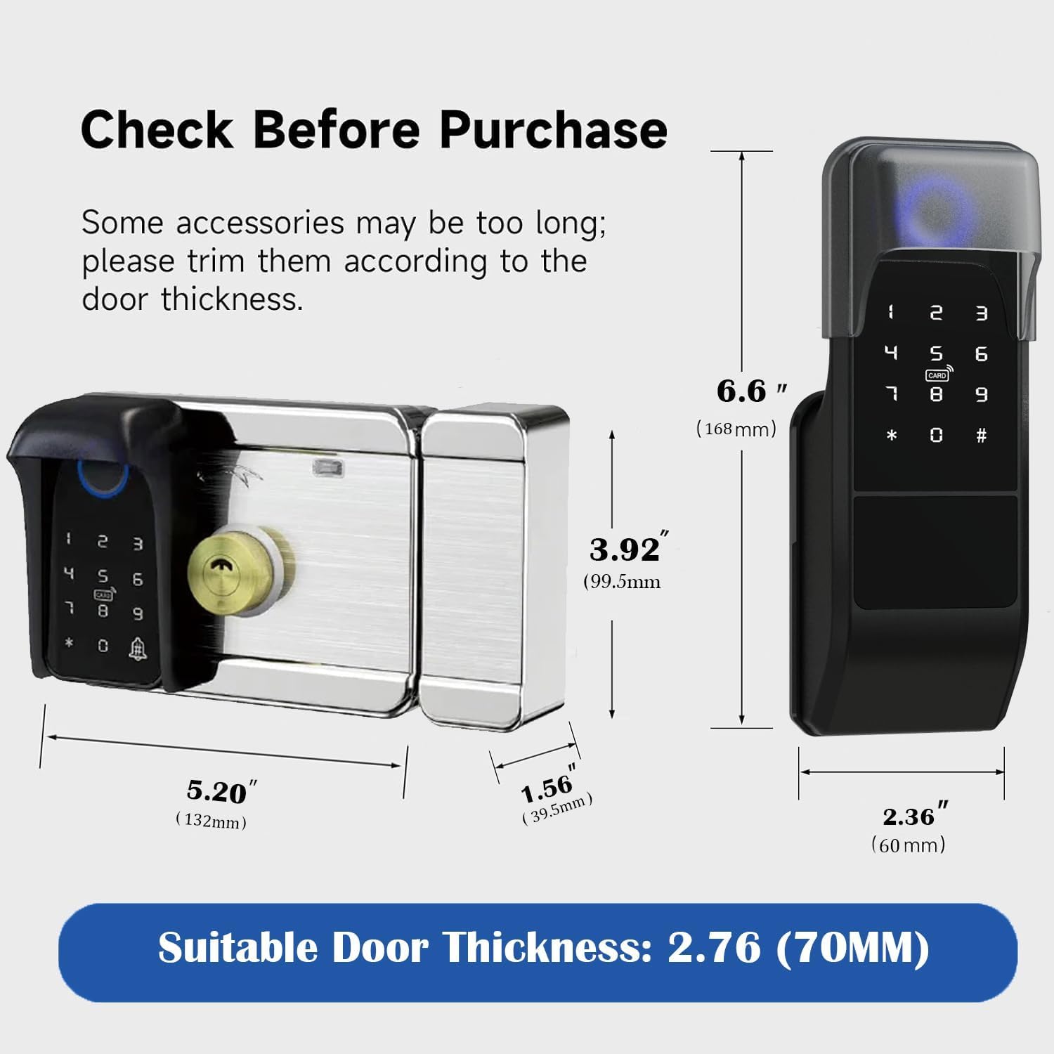 Smart Latch Serrure de portail double face, sans clé à empreintes digitales avec clavier, mot de passe et carte IC – Pêne dormant électronique étanche pour clôture extérieure (noir