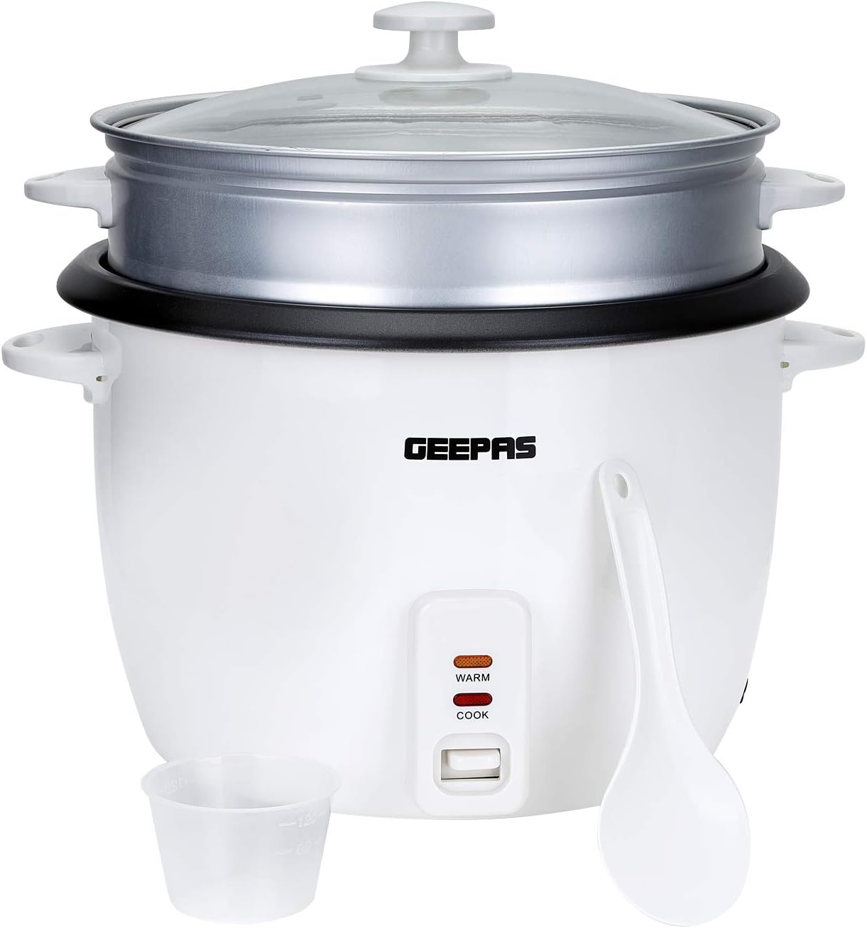 Geepas Automatic Rice Cooker- GRC4327| 2.8 L Capacity with Non-Stick Inner Pot and Toughened Glass Lid| Includes Cook, Steam, and Warm Functions| 900w