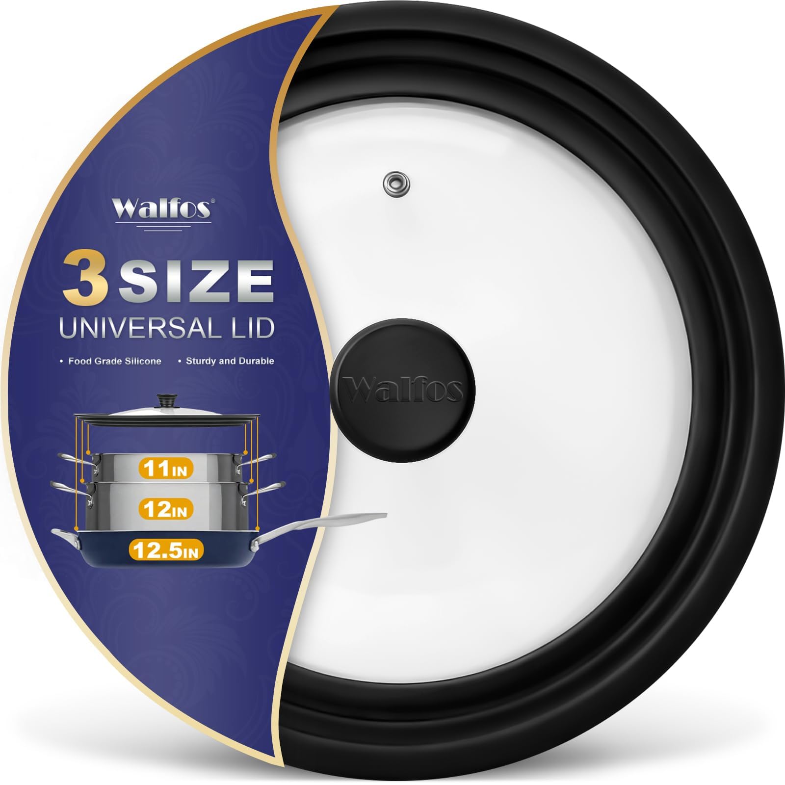 Universal Lid for Pots, Pans and Skillets - Tempered Glass with Heat Resistant Silicone Rim, Fits 11", 12" and 12.5" Diameter Cookware