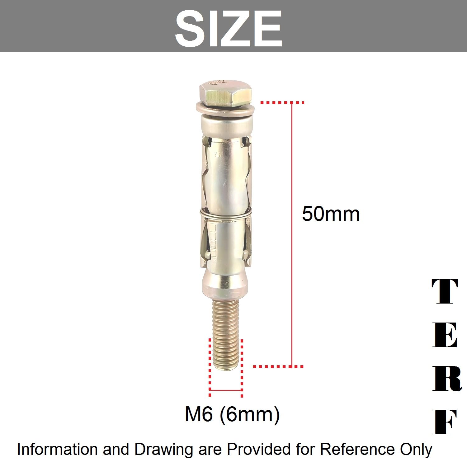 TERF® M6 X 50mm Loose Bolts M6 X 50mm (M6:10L) Zinc or Zinc Yellow Passivated Steel Heavy Duty Expansion Bolt Shield Anchor Plug for Masonry Brick Concrete - Image 3