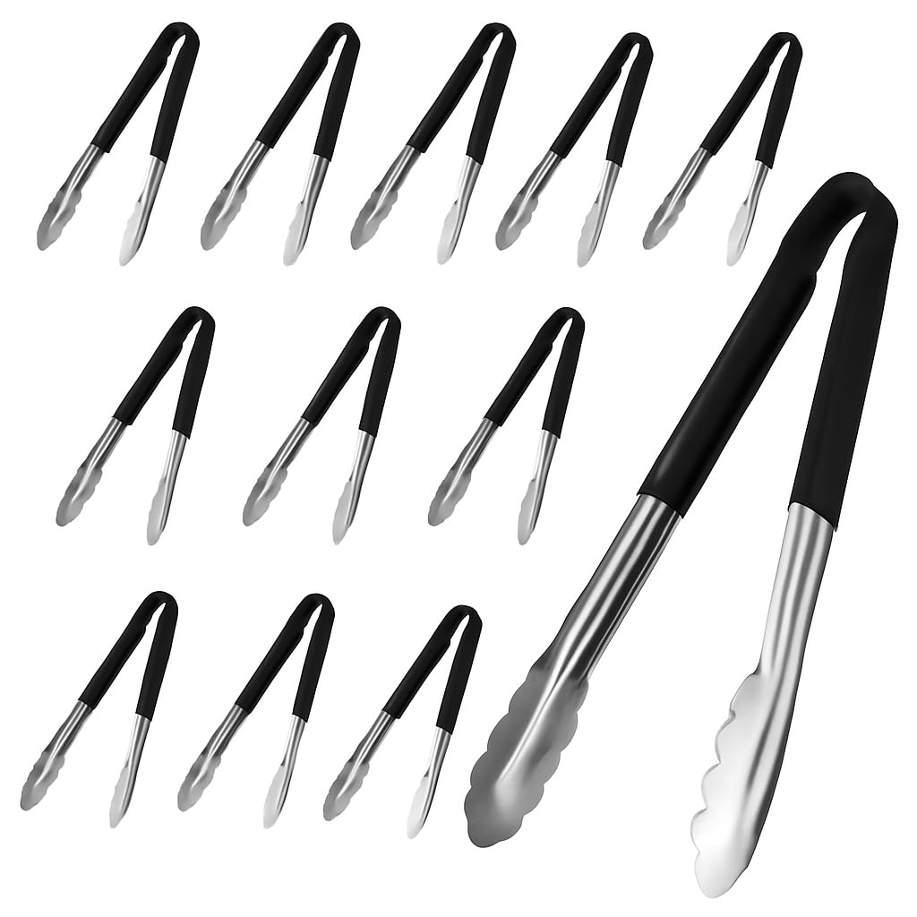 Chabrias Ltd 12-Pack 12"/30cm Utility Kitchen Tongs – Black Colour-Coded Stainless Steel, Non-Slip Vinyl Grip, Dishwasher Safe Cooking & Serving Tongs