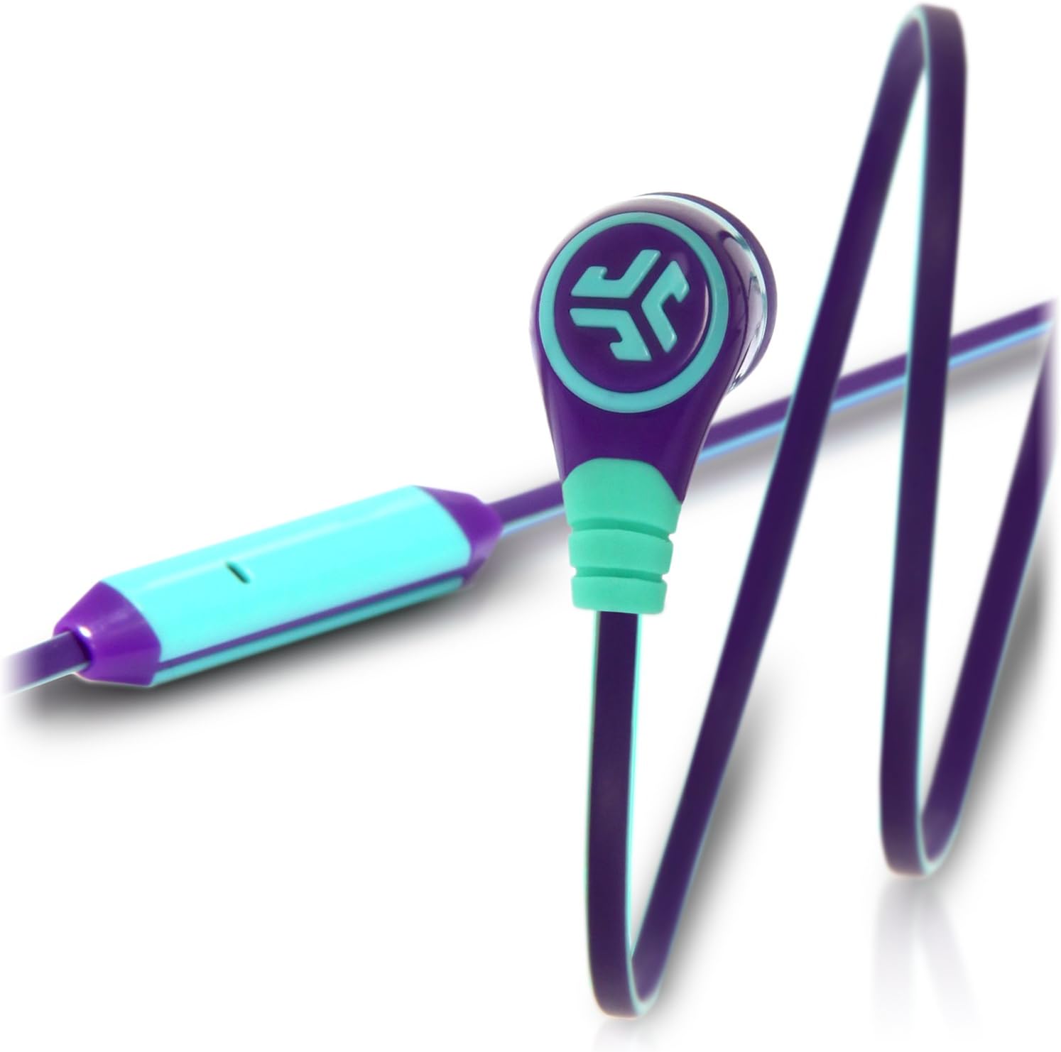 JLab Audio Diego in-Ear Earbud, Rugged Design, Tangle-Free Flat Cable, Universal Mic & Guaranteed for Life - Purple/Teal