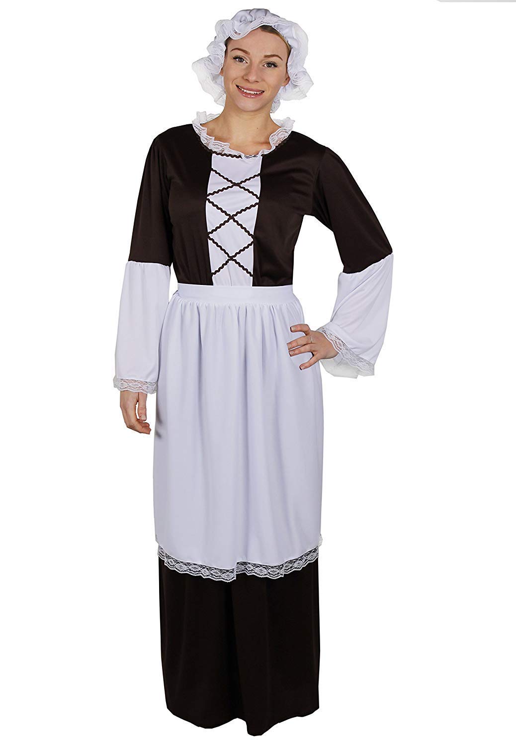 LADIES TUDOR MAID COSTUME INCLUDING BROWN LONG DRESS WITH WHITE DETAILING ON SLEEVE + WHITE APRON + WHITE MOP CAP / BONNET AUTHENTIC HISTORICAL HIGH QUALITY FANCY DRESS PERFECT FOR ANY MEDIEVAL OLD ENGLAND PAST TIMES THEMED FANCY DRESS PARTY IN SIZE - XLARGE - 40" CHEST - UP TO 44" WAIST - 54" LENGTH FROM BACK OF NECK - UK LADIES 12-16