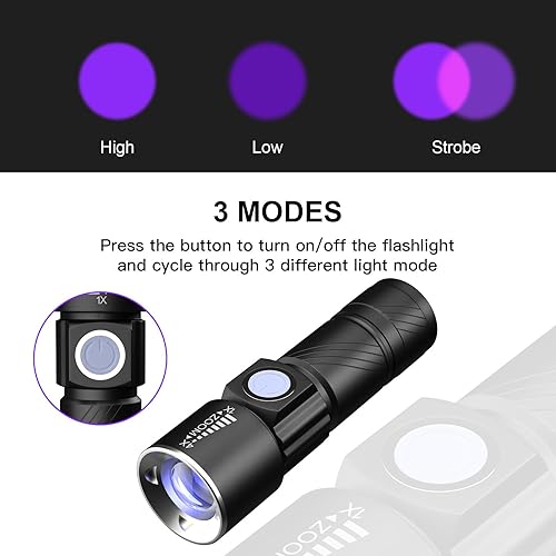 Miniatura 5 de COSOOS Linterna de luz negra recargable por USB, linterna UV de 395 nm con 3 modos, mini linterna con zoom de bolsillo con asa, detector portátil