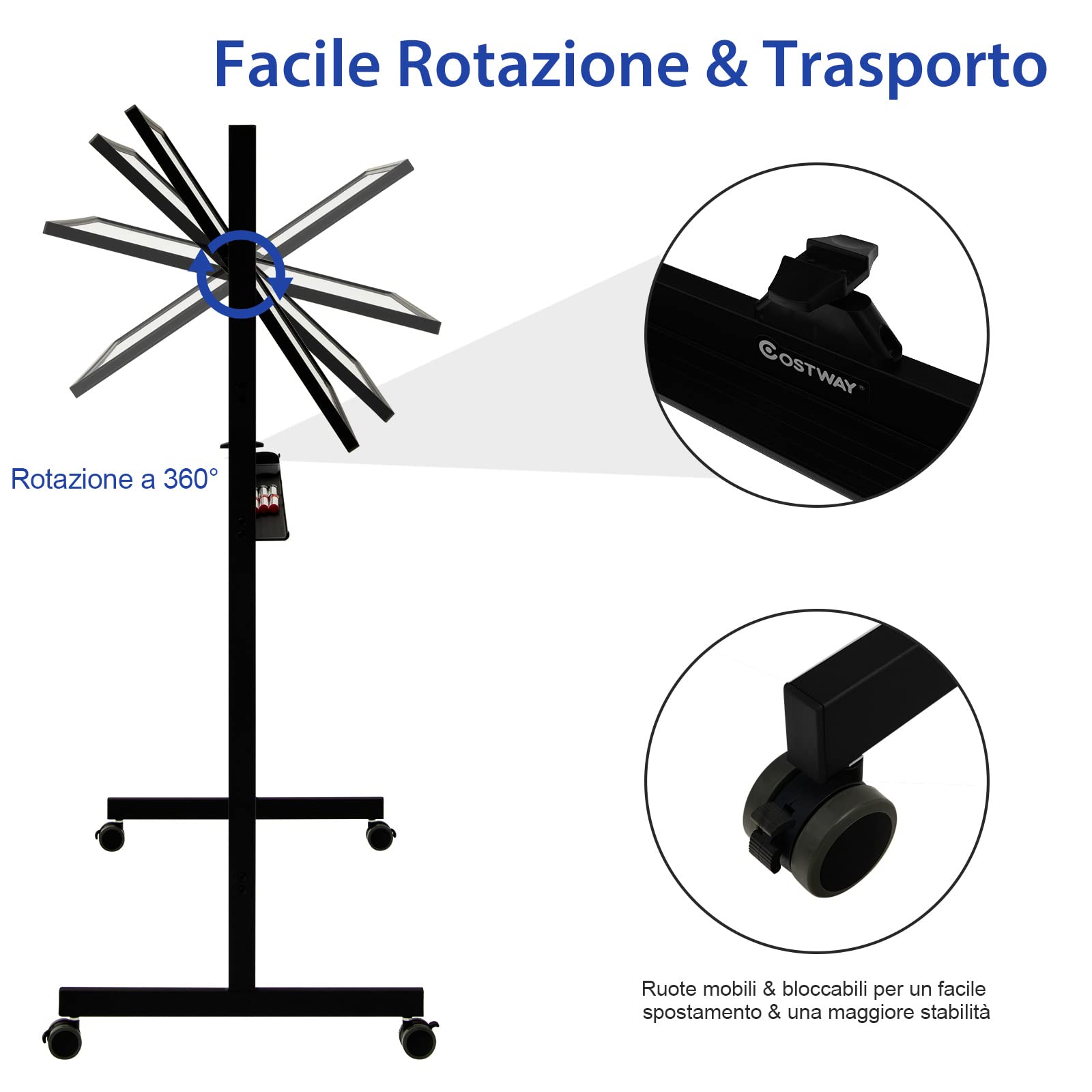 COSTWAY Lavagna Bianca Magnetica Doppia, Design Regolabile in Altezza con Ruote Bloccabili, 6 Pennarelli, 12 Calamite e 1 Cancellino, Ideale per Casa Ufficio e Scuola, 126 x 59 x 145/165 cm (Nero)