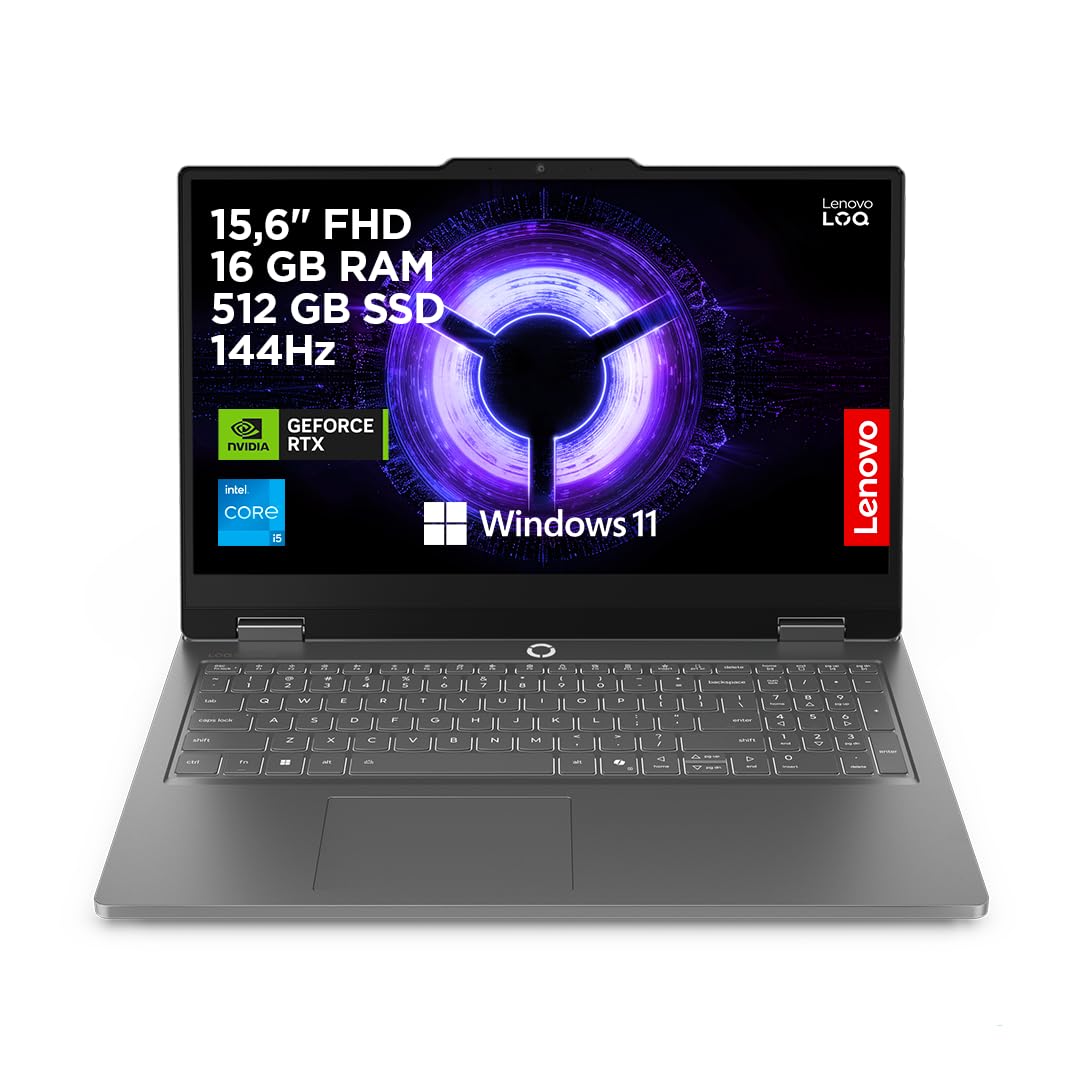 Lenovo LOQ Essential Gaming AI Laptop | 15.6" FHD 144Hz | NVIDIA GeForce RTX 5050 | Intel Core i5-13450HX | 16GB RAM | 512GB SSD | Windows 11 | QWERTZ | Weiss-beleuchtet | Grau | 3 Monate Game Pass