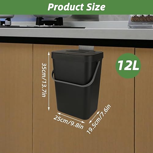 Miniatura 2 de MUXHEL 1 cubo de basura colgante con tapa, contenedor de compost de cocina negro de 12 litros con tapa, cubo de basura grande de plástico colgante