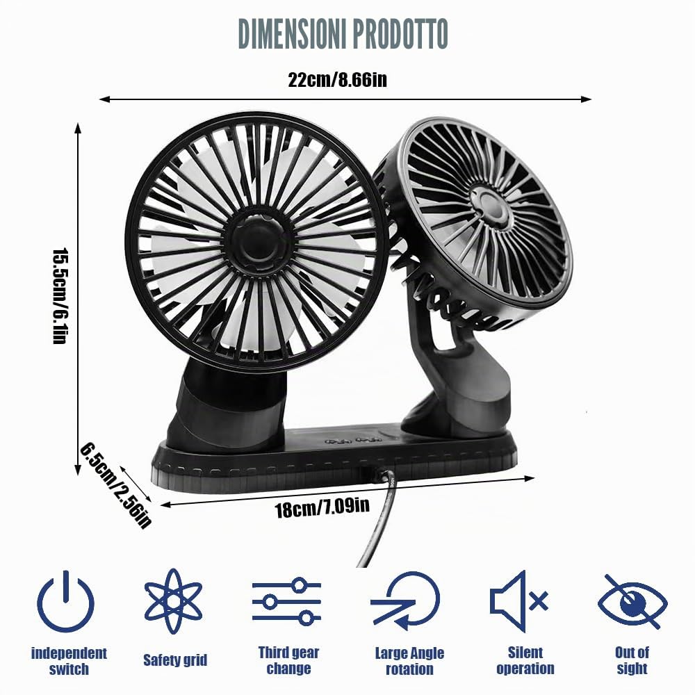 Ventilatore Auto Doppia Testa,5V USB Portatile Ventilatore Da Auto con 3 Velocità Regolabili, 360° Girevole Ventole Di Raffreddamento Da Auto con Luci Colorate per SUV VAN Ufficio Casa