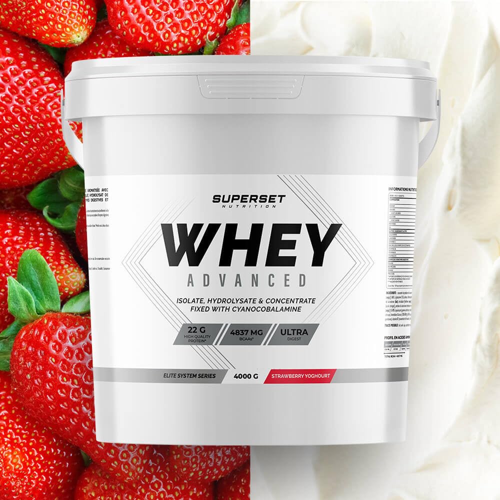 Superset Nutrition | 100% Whey Proteine Advanced (4kg) | Whey protéine | Pure Whey ultra-filtrée : 3 sources de protéines de haute qualité avec absorption rapide - Fraise Yogourt