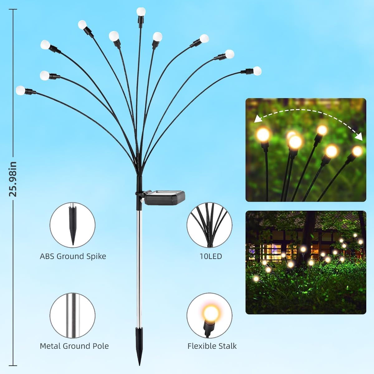 4 Packs Solar Lights Outdoor Waterproof,Garden Patio Decorative,Firefly Lights for Patio Lawn,Landscape Lighting Large Bulbs,Starlight Windswept,Great Gift for Women for Gardening,40LEDs