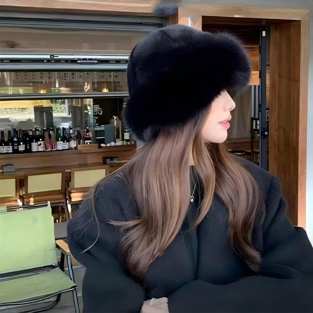 Womens Winter Faux Fur Bucket Hat, Winter Plush Fluffy Furry Mink Hats, Warm Thickened Fisherman Cap, Warm and Cute, Versatile for Winter（One Size fits All -Black） - Image 7