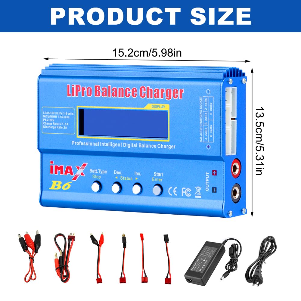 Lipo Caricabatterie, 80W 6A Lipo Balance Charger con cavo di alimentazione completo, Caricabatterie RC con adattatore di alimentazione, Lipo Balance Charger per Lipo Li-Poly Li-Ion Life Nicd