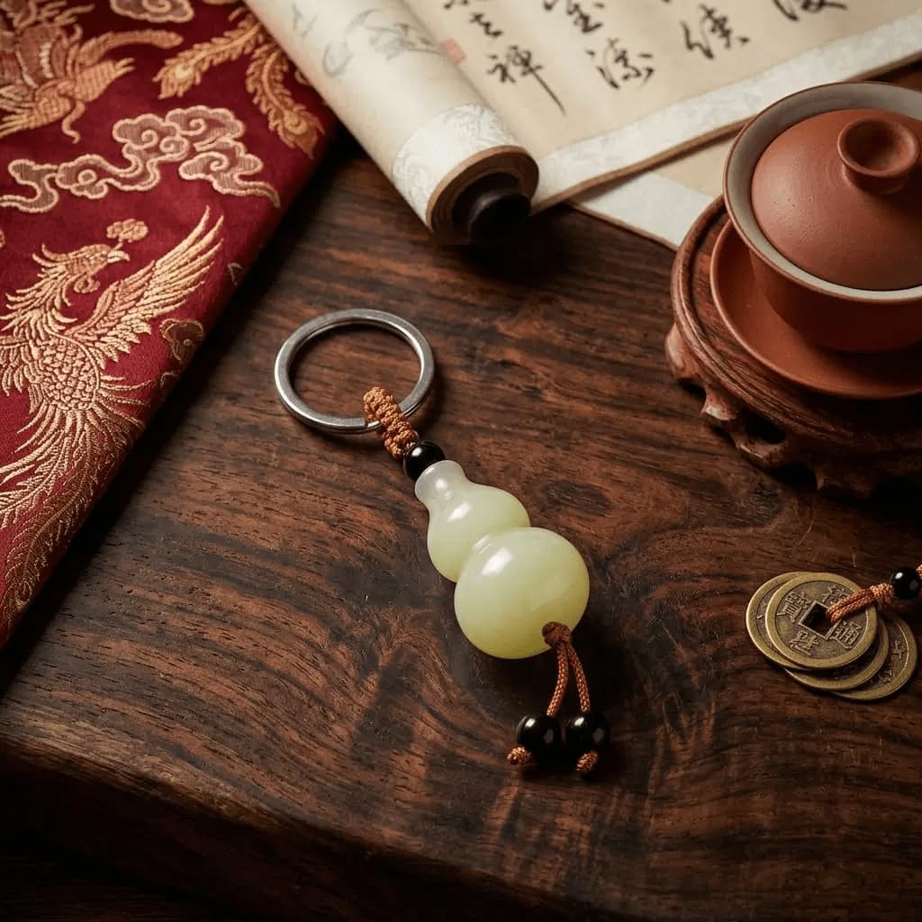 feng shui gourd keychain, light green jade-style pendant, new chinese style, lucky charm bag accessory