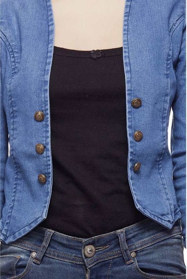 Image of Ootpatang Women's Denim Jacket, Blue, Cropped Style, Button Front, 3 /4 Sleeves, Fitted Blazer