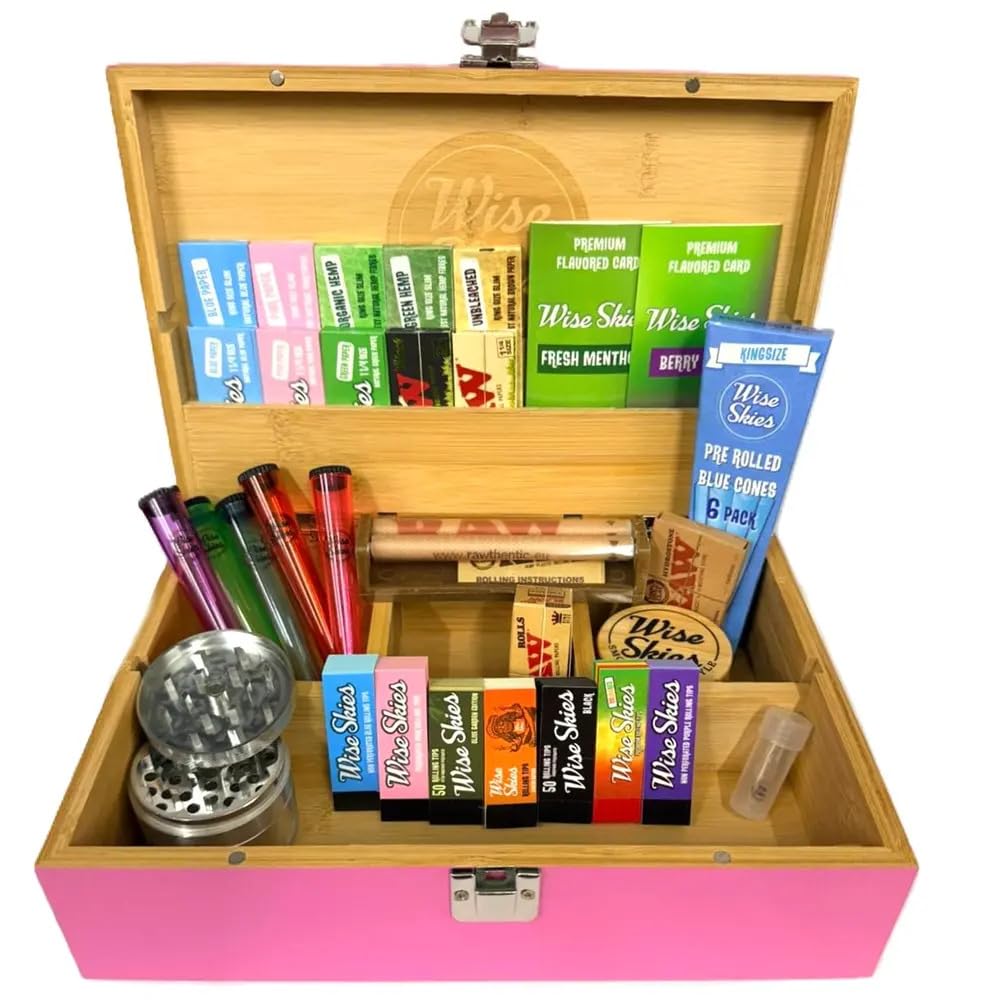 Wise Skies Pink XL Bamboo Rolling Box Gift Set Bundle Package With Goodies & Accessories 32 Pcs