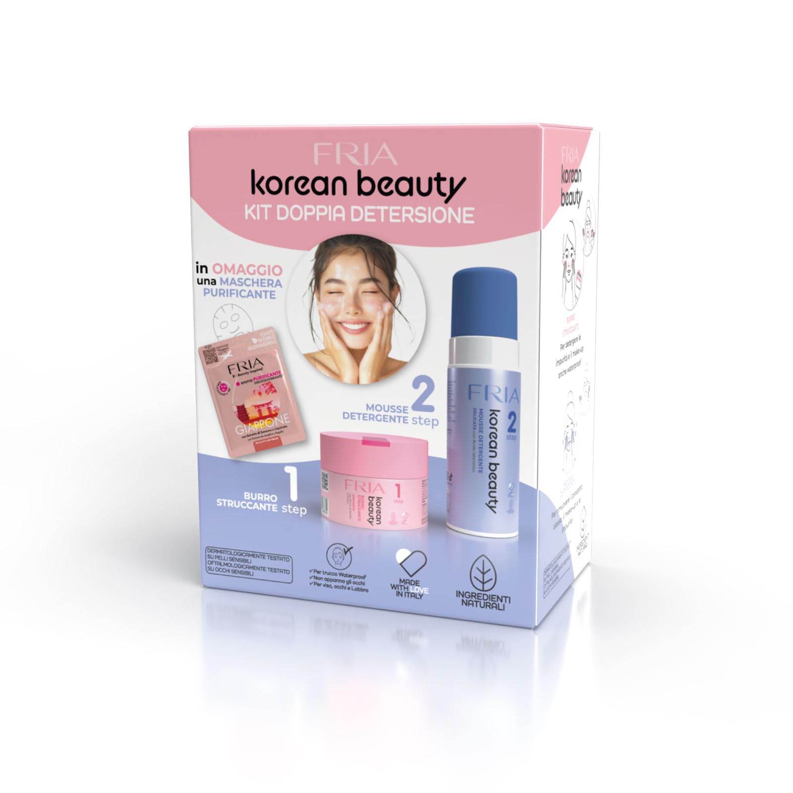 Fria Korean Beauty Kit Doppia Detersione, Burro Struccante Idratante Korean Beauty + Mousse Detergente Delicata Korean Beauty + Maschera Viso Purificante Fria Giappone in Omaggio