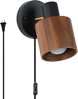 Modern Black Plug in Wall Lamp, Natural Dark Wood Wall Sconces Lighting,...