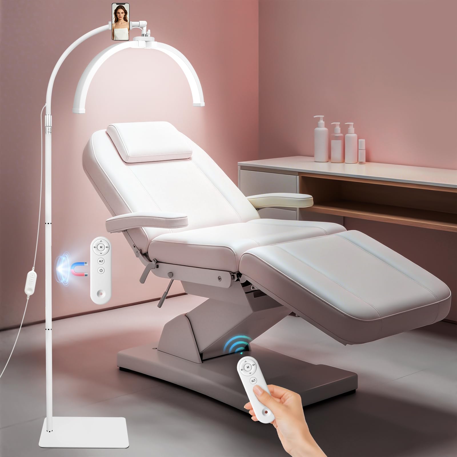 CGBE Lampada per Extension Ciglia Professionale Dimmerabile LED Mezza Luna | Lampada Lashmaker con Porta Cellulare - Testa Rotabile a 360° - Altezza Regolabili Lampada da Terra per Estetista - Bianco